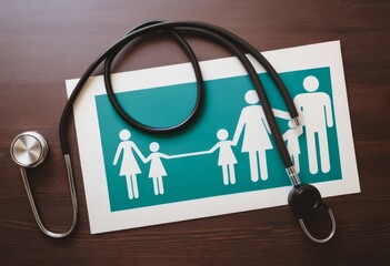 Take out health insurance for family. Stethoscope, paper heart and silhouette of family on wooden background top view