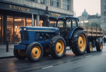 Blue tractor on the road with front loader up in the air buildings within background city