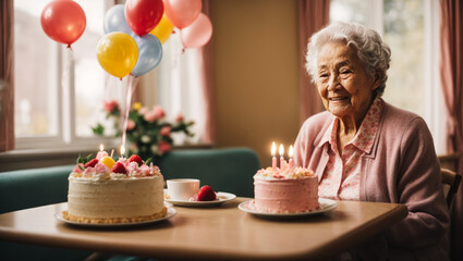 Birthday Serenity. An Elderly Resident Celebrates Alone in the Care Home with Cake and Balloons 