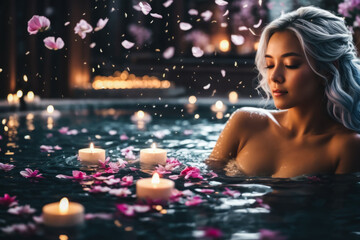 A woman in a candlelit spa enjoys a relaxing evening bath in petals. A tranquil spa setting with...