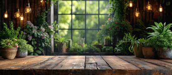Summer embrace wooden table amidst nature serene layout. Morning light on planks greenery blur is no doubt. Rustic surface window to gardens tranquil scout