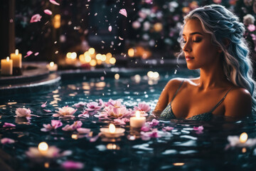 A woman in a candlelit spa enjoys a relaxing evening bath in petals. A tranquil spa setting with flickering candles, a bath of scattered rose petals and a serene, soothing atmosphere.