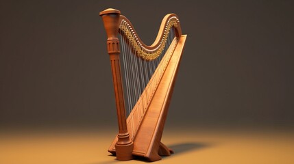 An elegant harp set against a dark background, illuminated to highlight its exquisite curves and...