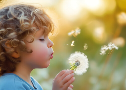 fröhliches Kind pustet eine Pusteblume auf der Wiese