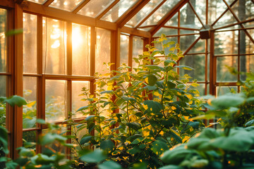 Greenhouse with Lush Plants, Capturing the Essence of Gardening, Botany, and Nature in a Sunny Environment