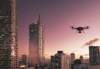 Fototapeta na wymiar Autonomous driverless aerial vehicle flying on city background, Future transportation with 5G technology concept