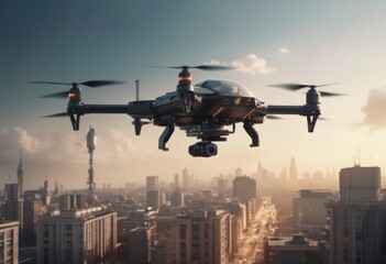 Fototapeta na wymiar Autonomous driverless aerial vehicle flying on city background, Future transportation with 5G technology concept