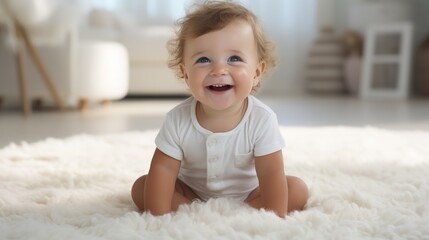 Fototapeta premium Happy baby boy sitting on a white carpet. Beautiful smiling infant in a white shirt crawling on a carpet in a light room. Cute cheerful baby boy moving around and looking at the camera.