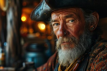 Portrait of a bearded man dressed in a pirate costume, looking piercingly into the camera against...