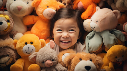 Happy asian baby girl surrounded with stuffed toys. Little Japanese infant sitting on the floor among soft toys in a sunny room with daylight. Cute cheerful Chinese baby girl playing with soft toys. - obrazy, fototapety, plakaty