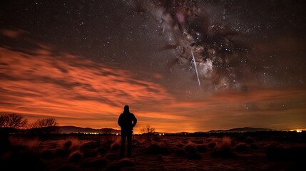 Obraz premium A silhouette of a man stands against a breathtaking night sky dotted with stars and the Milky Way, with a bright glow on the horizon. concept: starry sky, cosmic bodies in the sky