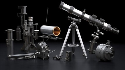 A composition of astronomical equipment, including various telescopes and planetary models, placed against a dark background to create an educational or scientific display.