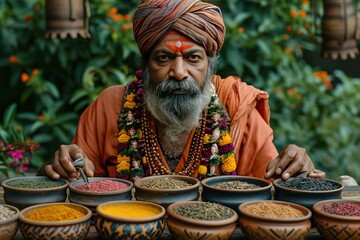 Fototapeta premium Indian tea sommelier conducting tastings of traditional and exotic tea blends.