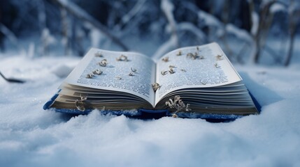 
open book on snow in the forest