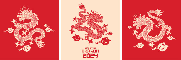 Set of Chinese zodiac dragon . 2024 Chinese New Year, year of the Dragon - obrazy, fototapety, plakaty