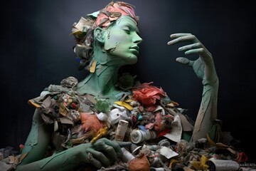Fototapeta na wymiar Abstract girl in a dress made of garbage. Garbage Mountains, Trash, Garbage bag, Junk, Dirty, Contamination