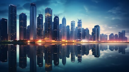 Urban cityscape at twilight with illuminated skyscrapers reflecting in a calm river