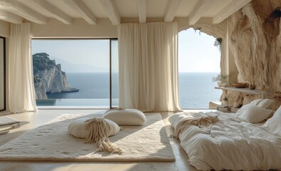Fototapeta na wymiar Bedroom in a minimalist style, located in Capri, Italy, bed, natural materials and a stunning view from the window to the sea