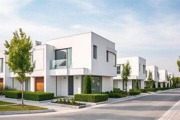 Fototapeta na wymiar Modern white villas with a walkway. Perspective view