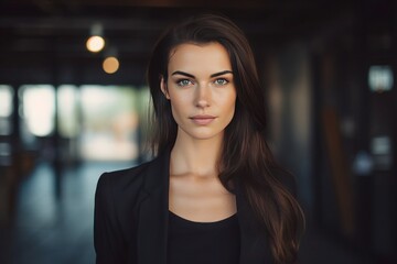 Young woman realtor with dark hair in business black suit, female entrepreneur, Closeup - obrazy, fototapety, plakaty