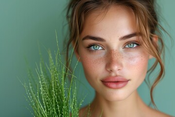 Naklejka premium beautiful model woman, perfect skin, holding green plant in her palm, studio shot, green background