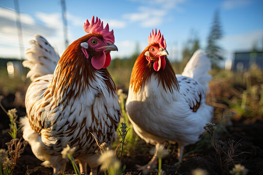chickens on a traditional free range poultry farm in the countryside