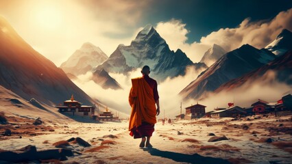 Majestic Himalayan Winter: Serene Solitude in Tibetan Buddhist Tradition - obrazy, fototapety, plakaty