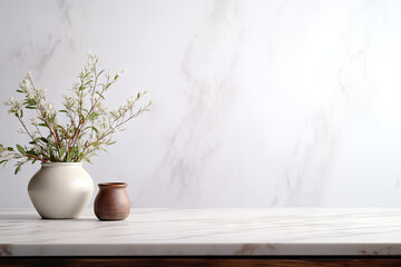 White vases with plantle table against white wall