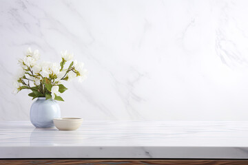 Fototapeta na wymiar White vases with plantle table against white wall