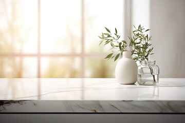 White vases with plantle table against white wall