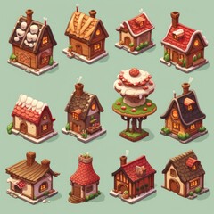 Set of bakery house icons. Collection of different shapes of bakery medieval houses, isometric. 2d casual game style