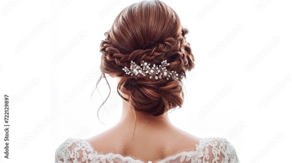 Poster beauty wedding hairstyle rear view isolated on white back not show face