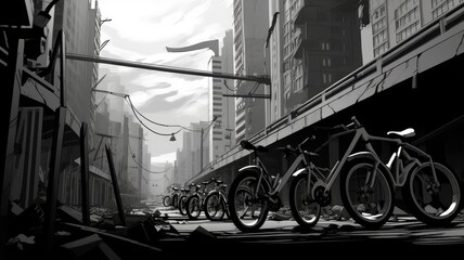 bikers in futuristic urban landscape