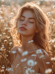 beautiful young woman, perfect skin, in a field of buckwheat flowers, eyes closed, enjoying the beautiful sunshine at sunset
