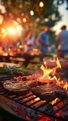 Barbecue party with people in the background, grilled steak, grilled meat, fire, summer party, barbecue in the garden,  people having fun, family and friends, Generative AI