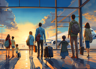 People waiting to board on a plane at sunset - Travel concept