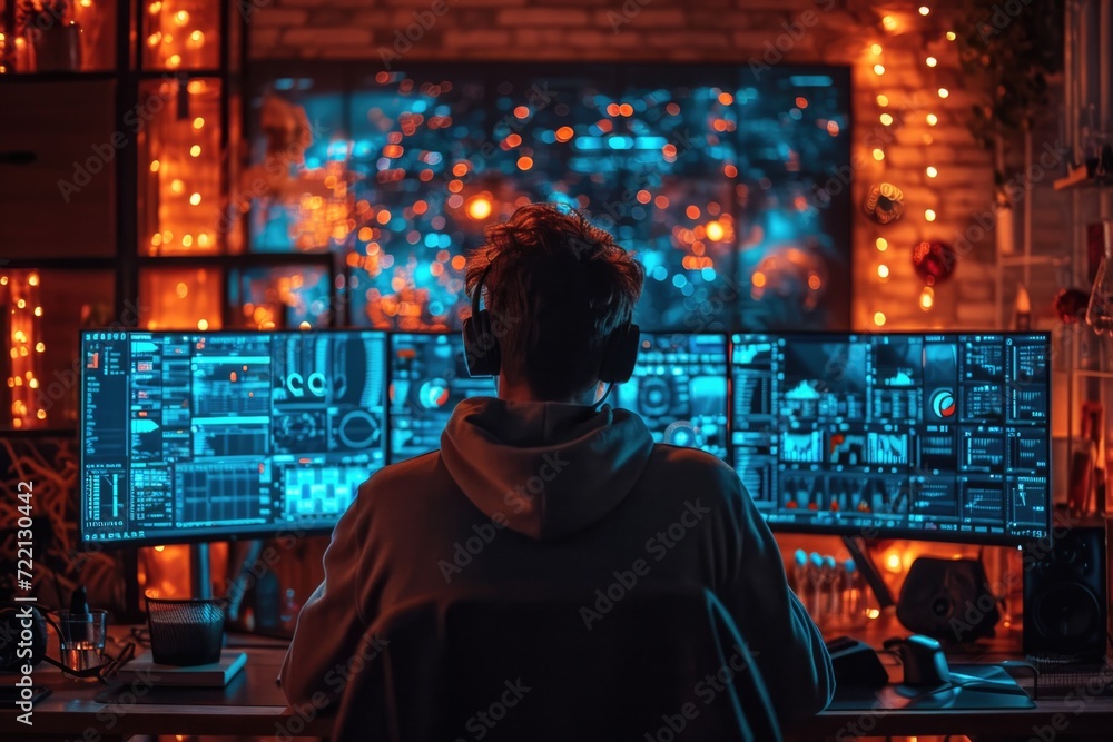 Aufkleber engineer programmer working late on pc computer in dark night office. back view, focus on screen