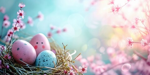 Colorful easter eggs in nest with spring blooming branches