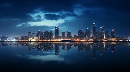 Fototapeta na wymiar Urban skyline at night with city lights reflecting on calm water