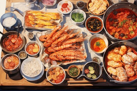 Fried large shrimps, Asian variety of dishes, sauces and rice noodles on the table