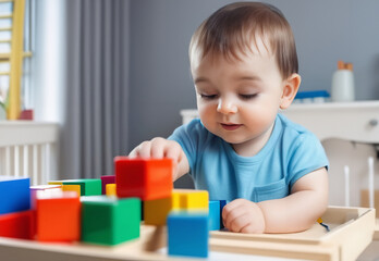 Portrait Of Adorable Infant Baby Playing With Stacking Building Blocks At Home, Cute Little Child Sitting On Carpet With Toys In Living Room, Copy Space banner