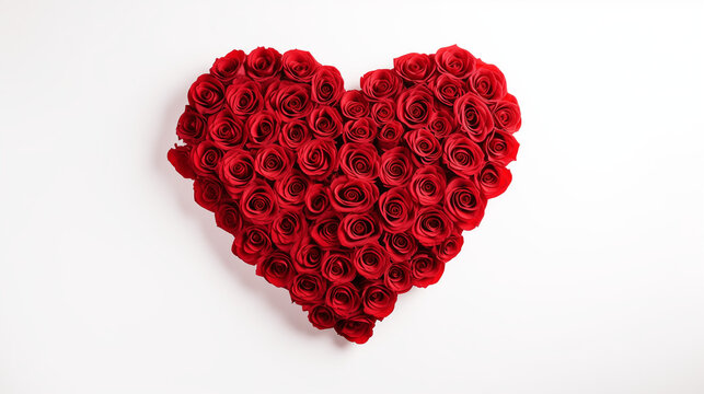 Valentines Day Heart Made of Red Roses Isolated on White Background. Heart of red roses