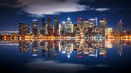 Urban skyline at night with city lights reflecting on calm water