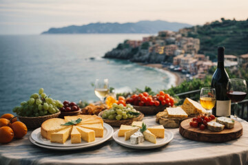 Gourmet Escape Italian Appetizers - Cheese and Wines - Grace a Table with a View of Cinque Terre's Idyllic Landscape, Offering a Scenic Culinary Delight Over the Seaside Horizon