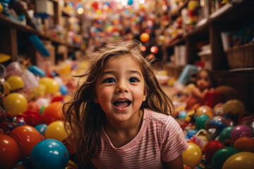 Fototapeta na wymiar Joyful amazement. The shocked expression on the face of a little girl among a sea of toys. The miracle of childhood. a child in a children's center