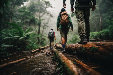 Jungle Challenge In a low angle shot, an Asian couple attempts to climb over a log in a raining jungle, with the focus on their trekking shoes in this adventurous and challenging trek