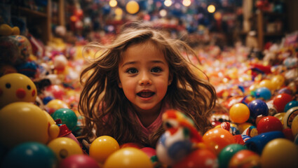 Fototapeta na wymiar Joyful amazement. The shocked expression on the face of a little girl among a sea of toys. The miracle of childhood. a child in a children's center