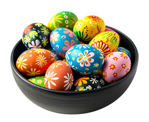 Fototapeta na wymiar colorful easter eggs in a black bowl, top view, isolated on a transparent background