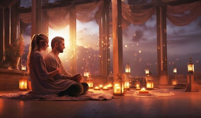 Couple meditating, doing yoga for two at home, by candlelight, evening, religious concept, atmosphere of love.