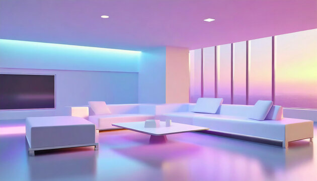 Uma sala ampla, realista, janela grande, cidade, pr&eacute;dios, sof&aacute;, plantas, minimalista, conceitual.